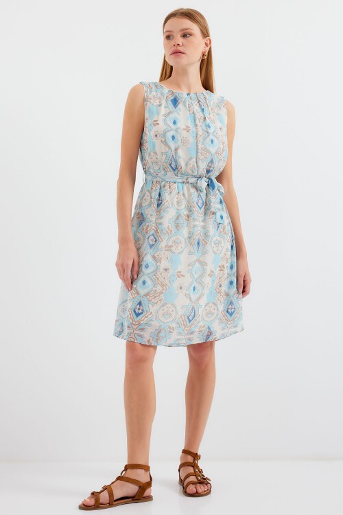 2501 Desenli Sıfır Kol Şifon Elbise - Mavi