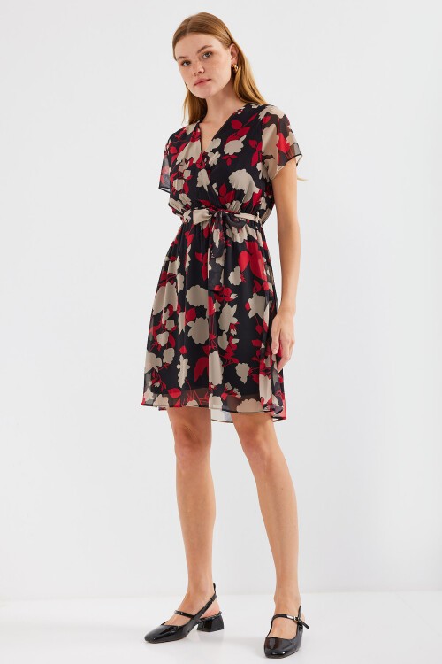 2502 Kısa Kol Desenli Şifon Elbise - Bordo