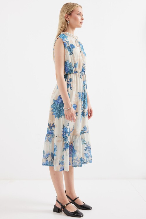 Merterium 2503 Desenli Sıfır Kol Şifon Elbise - Mavi