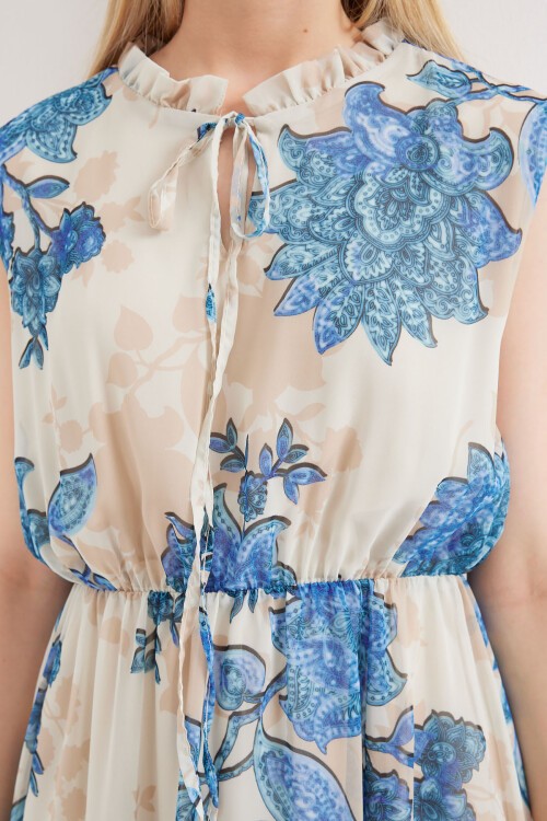 Merterium 2503 Desenli Sıfır Kol Şifon Elbise - Mavi