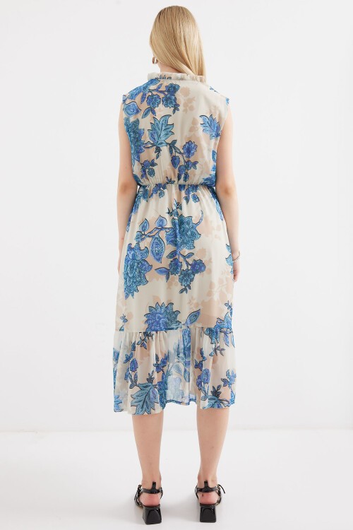 Merterium 2503 Desenli Sıfır Kol Şifon Elbise - Mavi