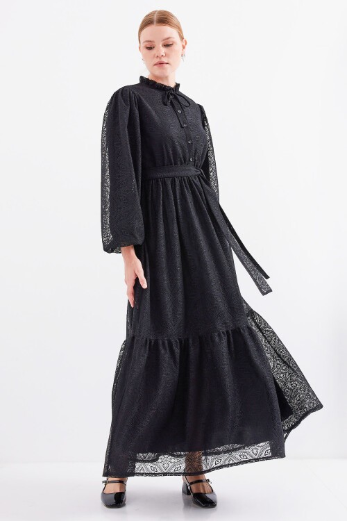 Merterium 2509 Uzun Dantelli Tesettür Elbise - Siyah