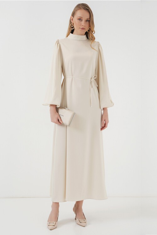 Merterium 2510 Saten Tesettür Abiye Elbise - Ekru