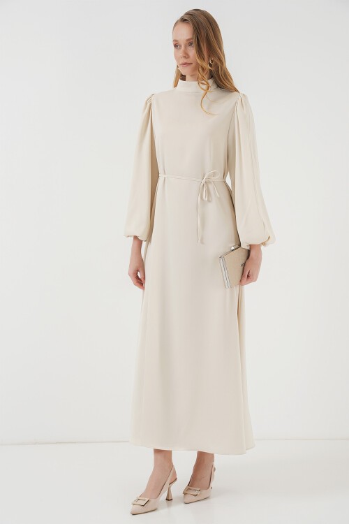 Merterium 2510 Saten Tesettür Abiye Elbise - Ekru