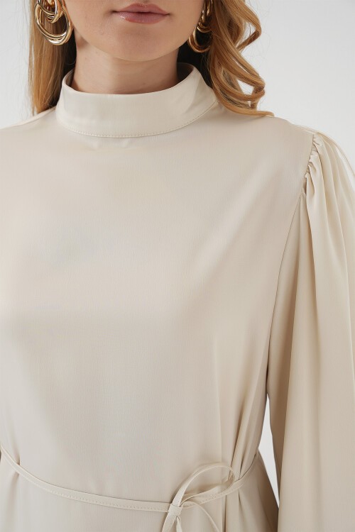 Merterium 2510 Saten Tesettür Abiye Elbise - Ekru