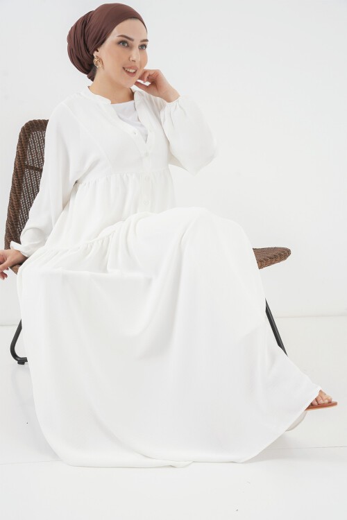 Merterium 2527 Kadın Uzun Tesettür Elbise - Beyaz