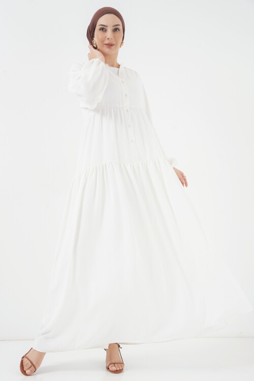 Merterium 2527 Kadın Uzun Tesettür Elbise - Beyaz