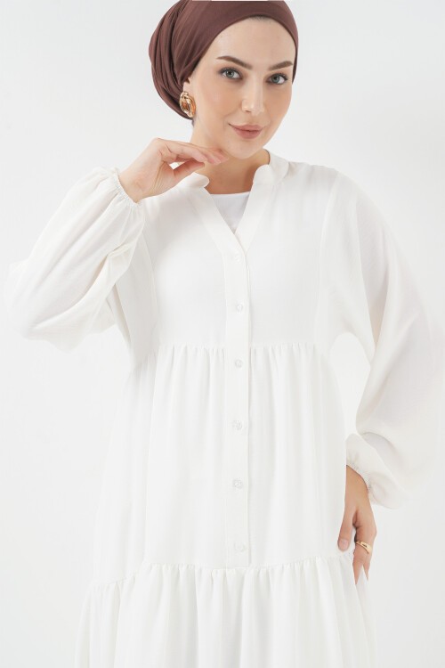 Merterium 2527 Kadın Uzun Tesettür Elbise - Beyaz