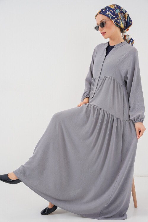 2527 Kadın Uzun Tesettür Elbise - Gri