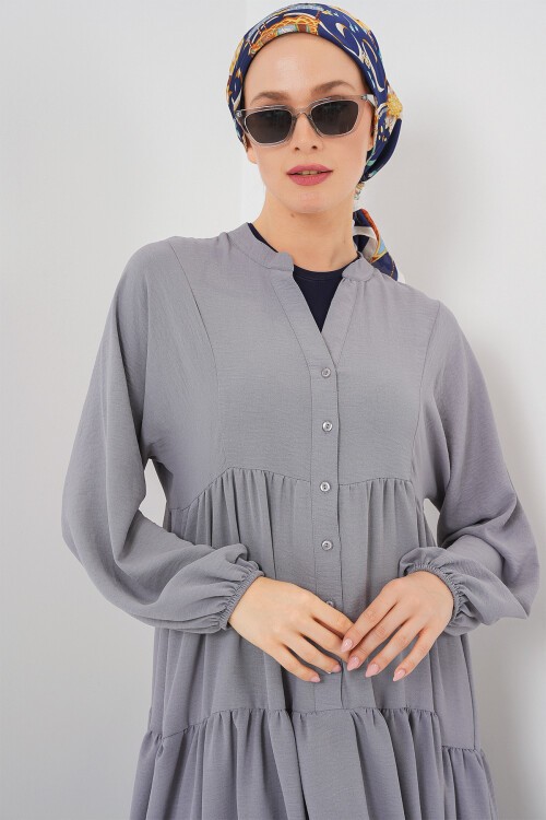 2527 Kadın Uzun Tesettür Elbise - Gri