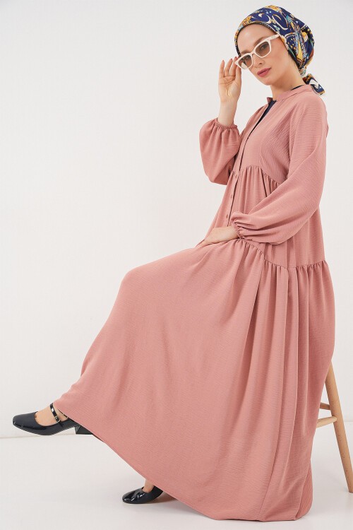 2527 Kadın Uzun Tesettür Elbise - Somon
