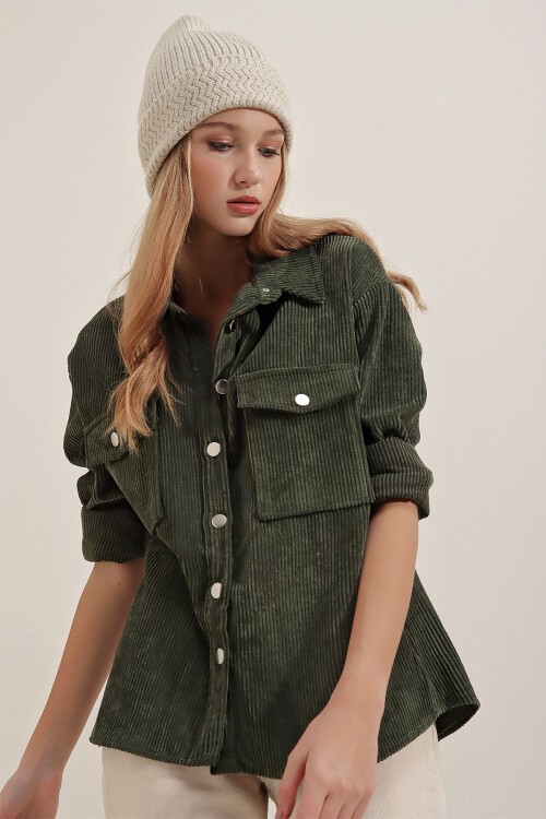 Merterium 3865 Çizgili Kadife Gömlek - Haki