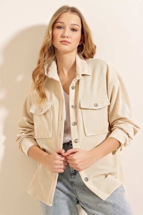 Merterium 3865 Çizgili Kadife Gömlek - Krem