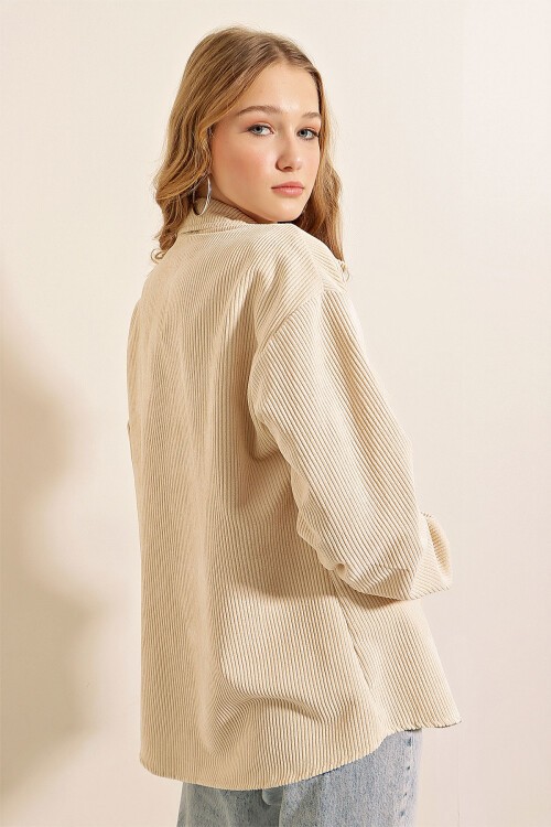 Merterium 3865 Çizgili Kadife Gömlek - Krem