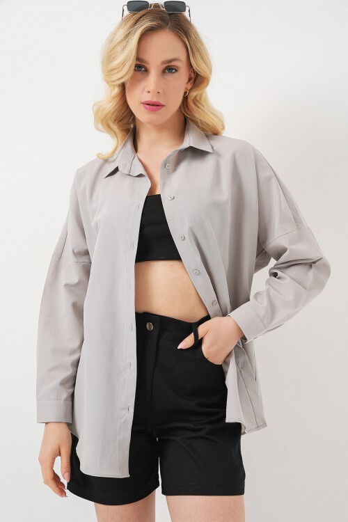 3900 Oversize Uzun Basic Gömlek - A.Gri