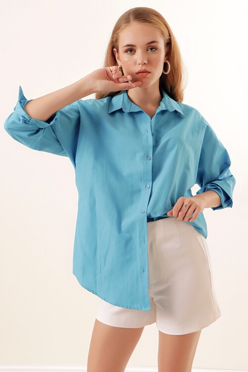 Merterium 3900 Oversize Uzun Basic Gömlek - Koyu Mavi