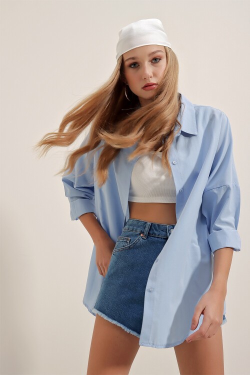 Merterium 3900 Oversize Uzun Basic Gömlek - Mavi