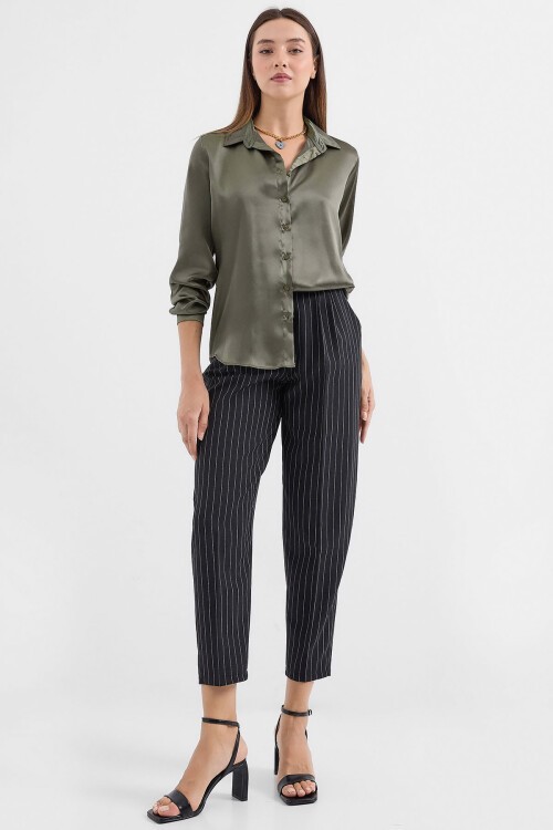 Merterium 3964 Hafif Dökümlü Saten Gömlek - Haki