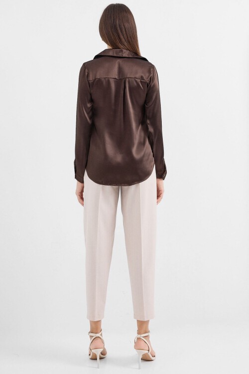 Merterium 3964 Hafif Dökümlü Saten Gömlek - Kahverengi