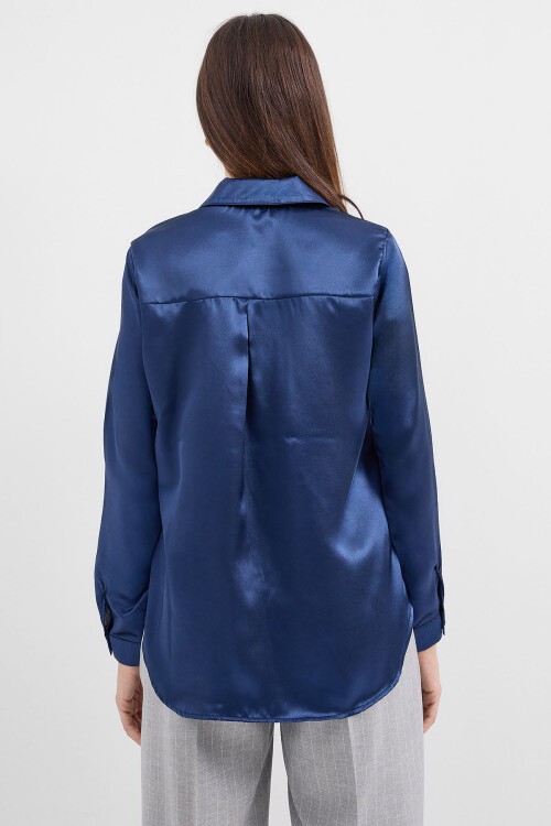 Merterium 3964 Hafif Dökümlü Saten Gömlek - Lacivert