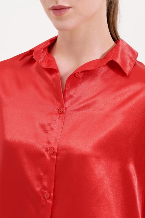 Merterium 3985 Oversize Saten Gömlek - Kırmızı