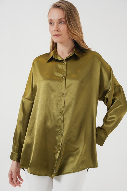 Merterium 3985 Oversize Saten Gömlek - Y.Haki
