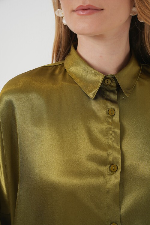 Merterium 3985 Oversize Saten Gömlek - Y.Haki