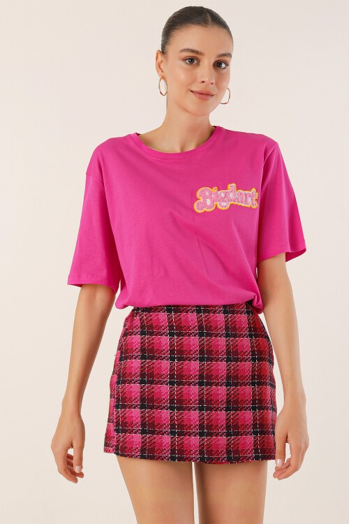 Merterium 4312 Nakışlı Oversize Tişört - Fuşya