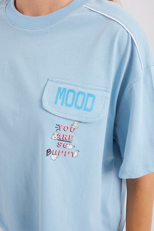 Merterium 4321 Cep Detaylı Oversize Tişört - Mavi