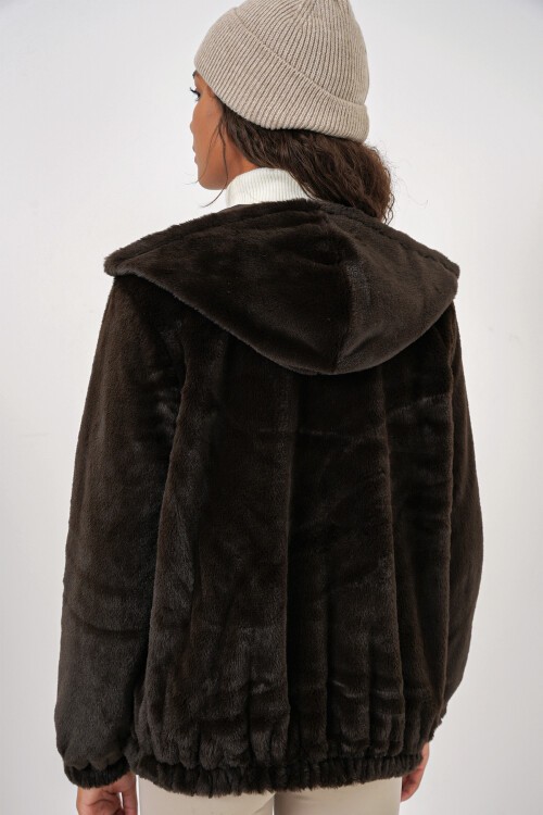 Merterium 5091 Kapşonlu Kürklü İçi Astarlı Mont - Kahverengi