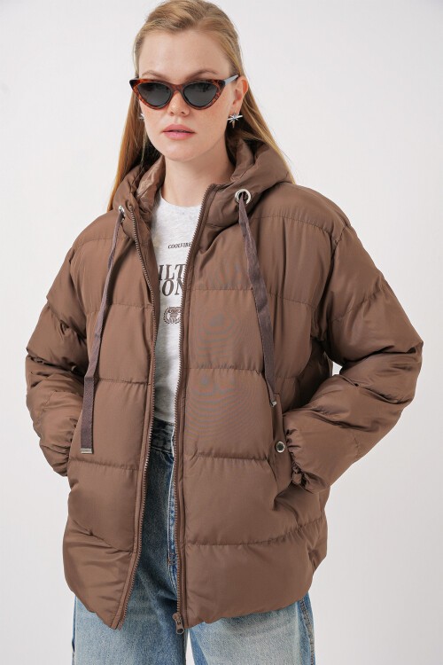 Merterium 5117 Kapşonlu Şişme Mont - Cappucino