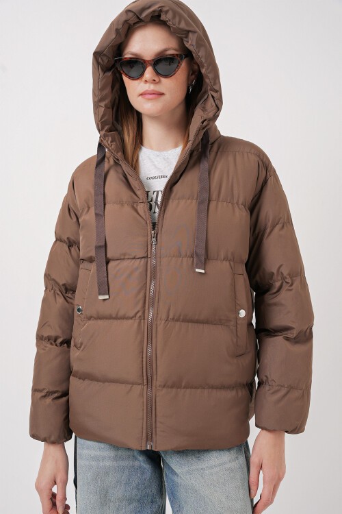 Merterium 5117 Kapşonlu Şişme Mont - Cappucino