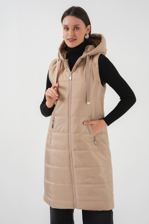 Merterium 5140 Kapşonlu Uzun Şişme Yelek - Bisküvi