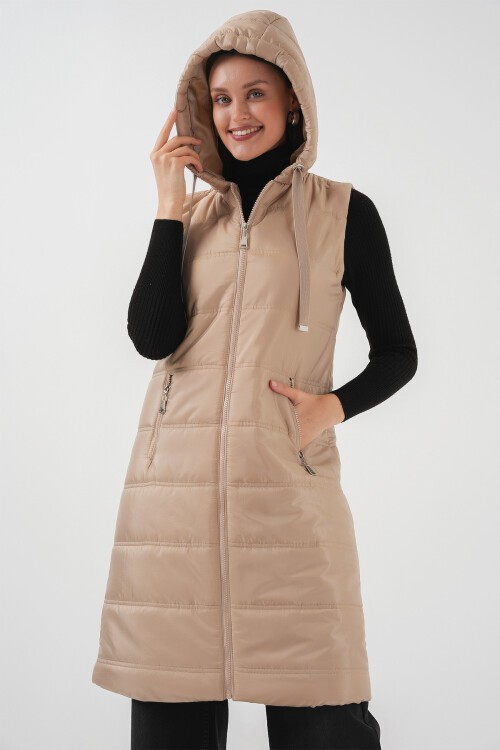 Merterium 5140 Kapşonlu Uzun Şişme Yelek - Bisküvi