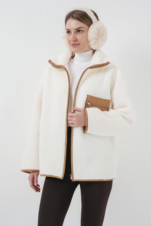 Merterium 55446 Fermuarlı Oversize Peluş Ceket Mont - Camel