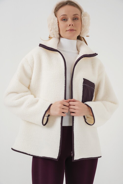 Merterium 55446 Fermuarlı Oversize Peluş Ceket Mont - Mor