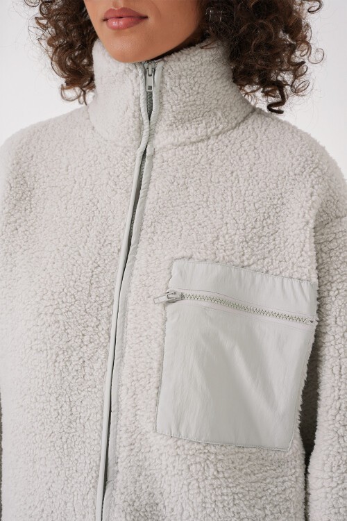 Merterium 55446 Fermuarlı Oversize Peluş Ceket - Taş