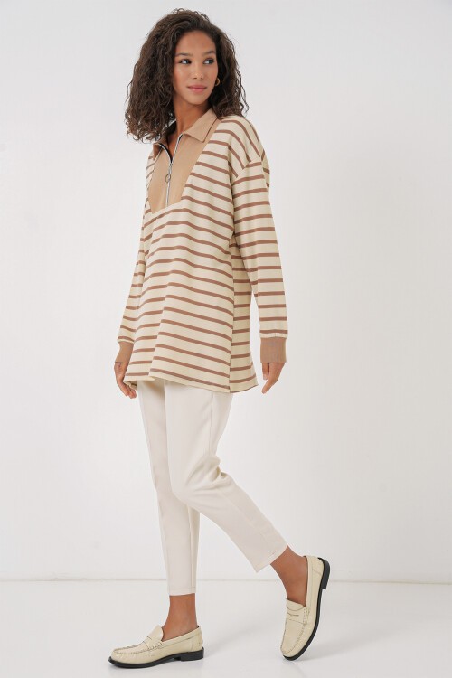 Merterium 55454 Kadın Fermuarlı Tesettür Tunik - Bisküvi