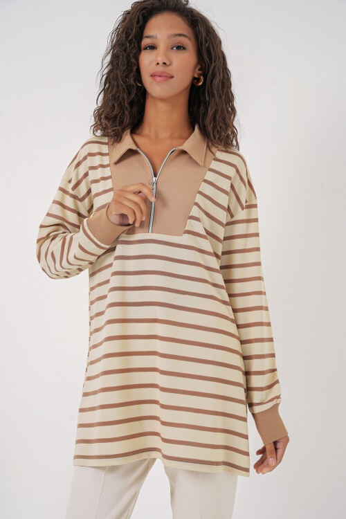 Merterium 55454 Kadın Fermuarlı Tesettür Tunik - Bisküvi
