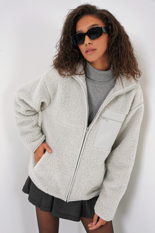 Merterium 55455 Kadın Fermuarlı Oversize Peluş Ceket - Taş