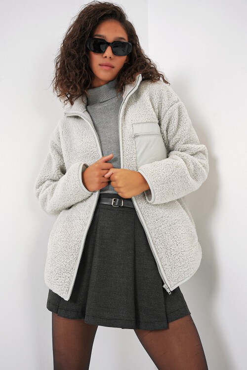Merterium 55455 Kadın Fermuarlı Oversize Peluş Ceket - Taş