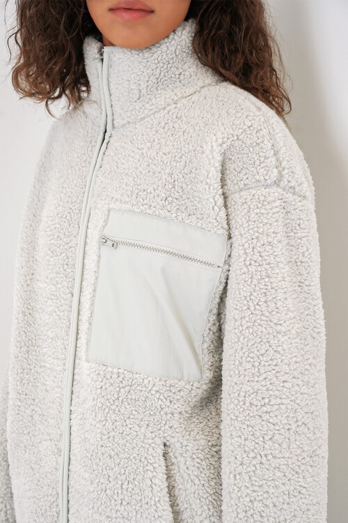 Merterium 55455 Kadın Fermuarlı Oversize Peluş Ceket - Taş