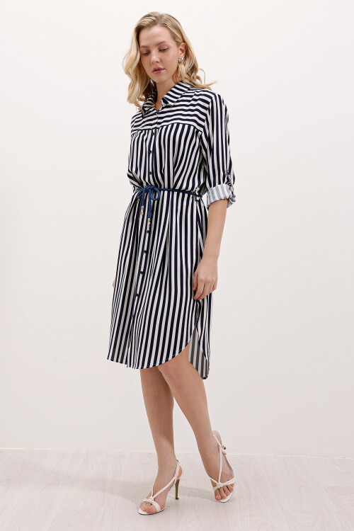Merterium 5629 Çizgili Kemerli Elbise - Lacivert