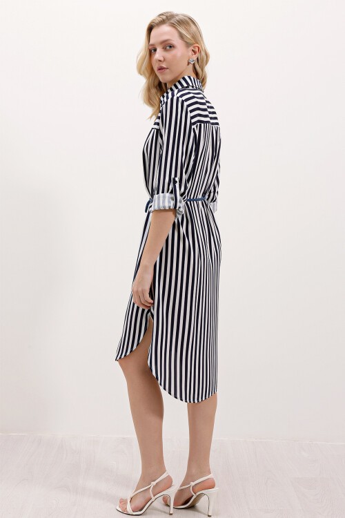Merterium 5629 Çizgili Kemerli Elbise - Lacivert