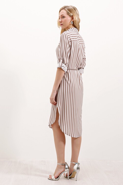 Merterium 5629 Çizgili Kemerli Elbise - Vizon