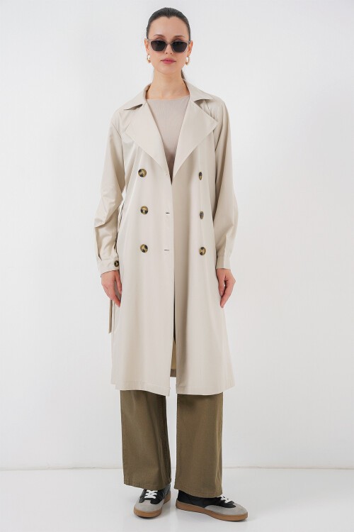 Merterium 5853 Kruvaze Yaka Arkası Baskılı Trençkot - A.Bej