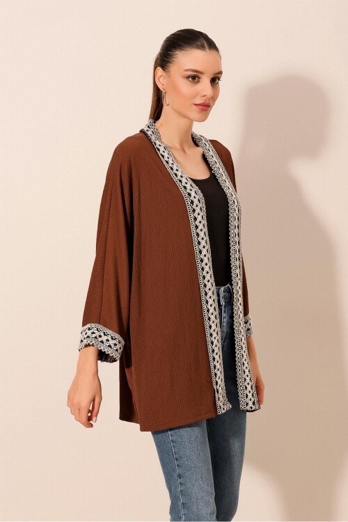 5866 Nakışlı Örme Kimono - Kahverengi