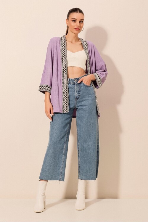5866 Nakışlı Örme Kimono - Lila