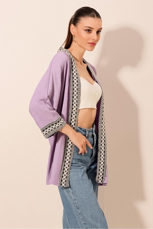 5866 Nakışlı Örme Kimono - Lila