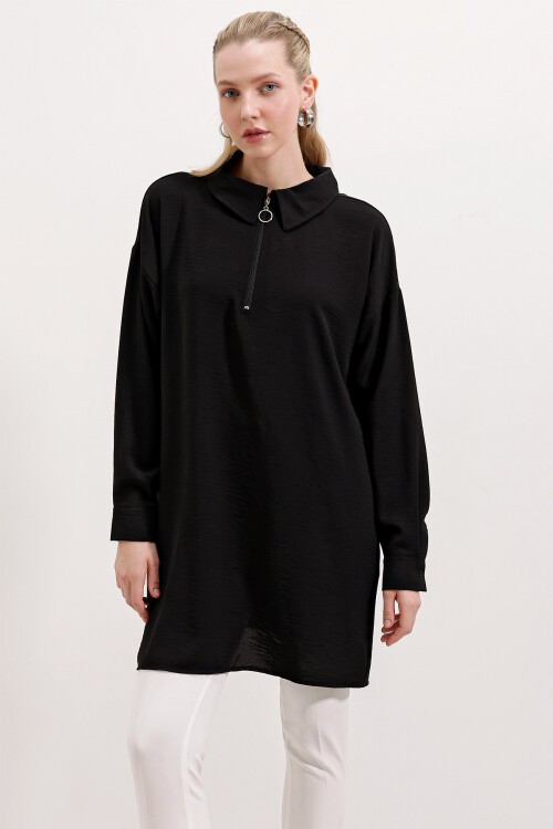 Merterium 5917 Fermuarlı Oversize Tunik - Siyah